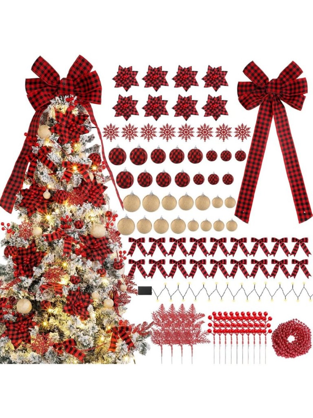 94 Pcs Buffalo Plaid Christmas Tree Ornament Set with Bows - Festive Black & Red
